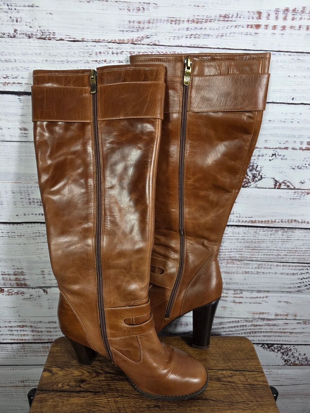 LOFT Women's Tall Brown Leather Riding Boots Size 10 Buckle Zip Knee High
